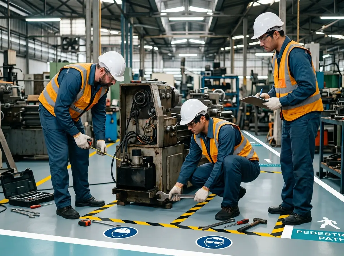 SST por Assinatura Blumenau — equipe ajusta o layout ao redor de um equipamento em uma pequena indústria.