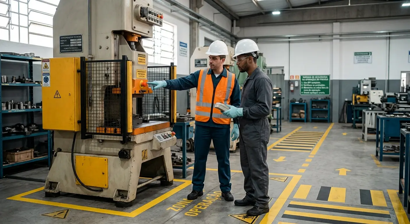 Consultoria em SST Blumenau e Vale do Itajaí — instrutor treina operador na máquina, mostrando dispositivo de proteção NR-12