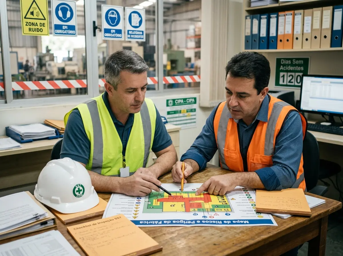 SST por Assinatura Blumenau — profissional de SST e responsável revisam documentos e um desenho de layout.