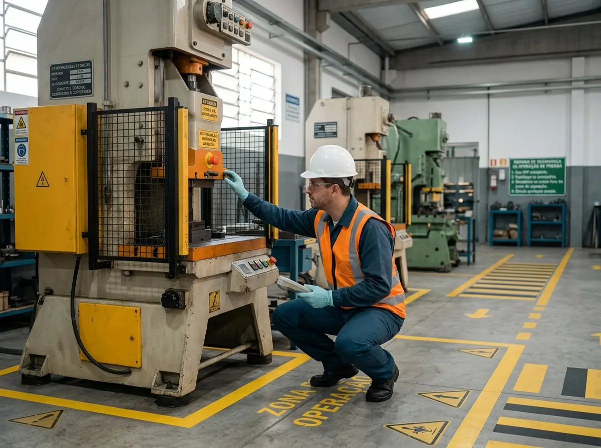 Serviços de SST Blumenau — técnico de segurança avalia proteções de máquina industrial conforme NR-12
